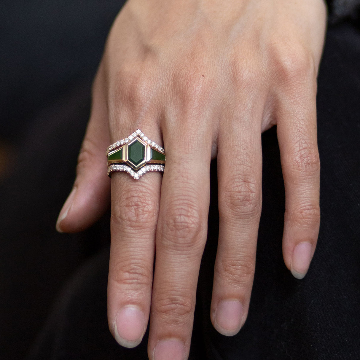 Pounamu Snowpeak ring with Diamonds in 9 carat Yellow Gold