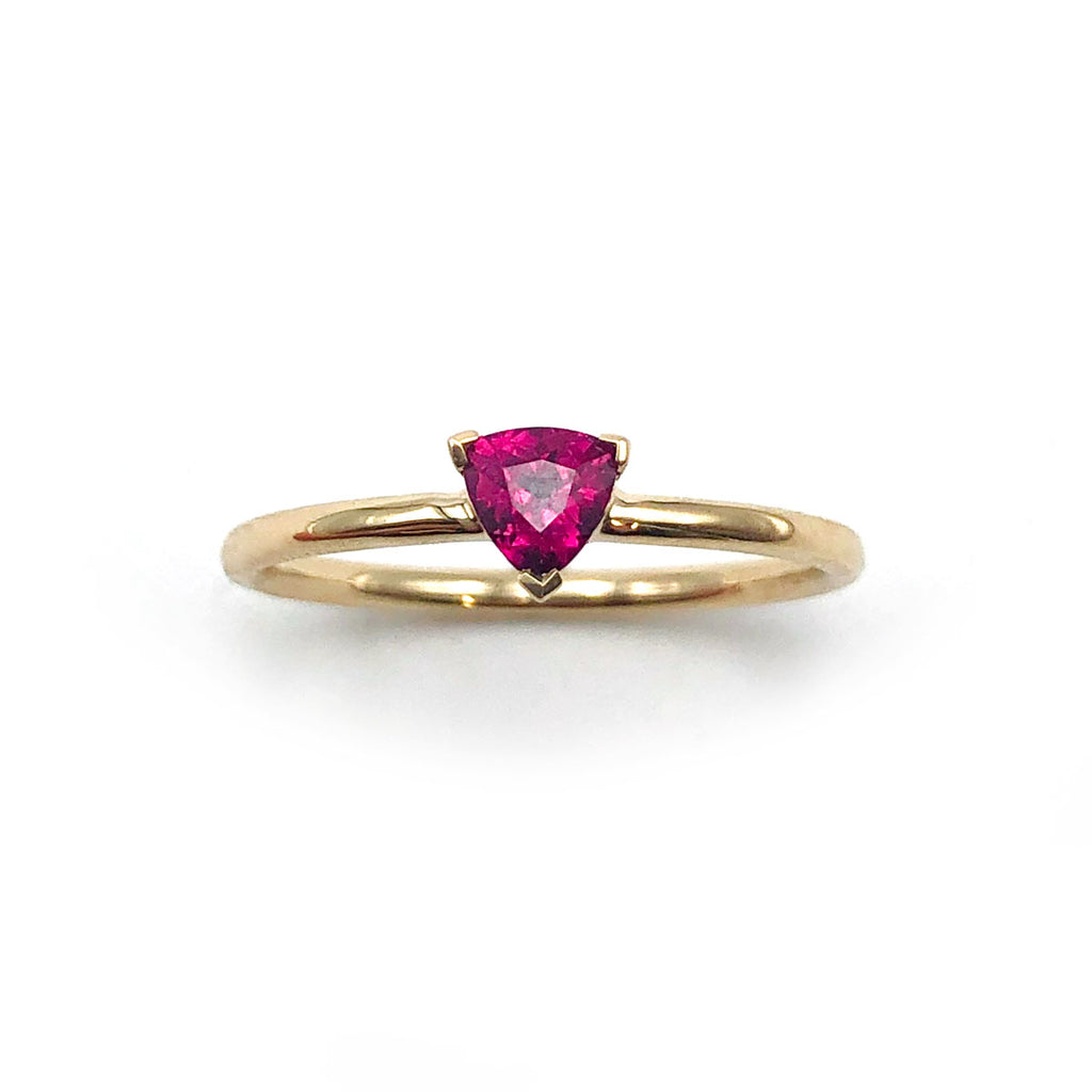 Dark Neon Pinky Red Spinel Trillion Tiny Treasure Ring in 9 carat Yellow Gold