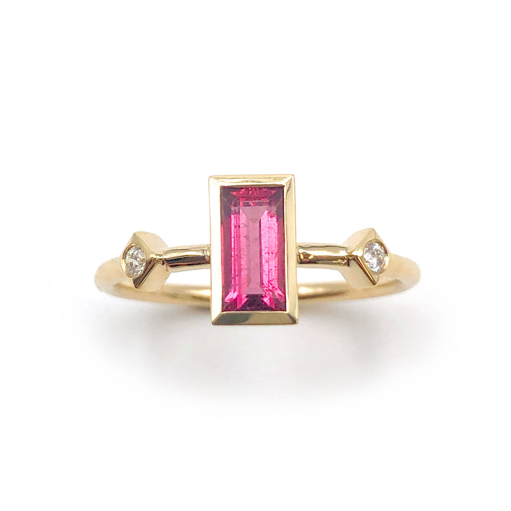 Deep Neon Pink Tourmaline Tiny Treasure Ring in 9 carat Yellow Gold