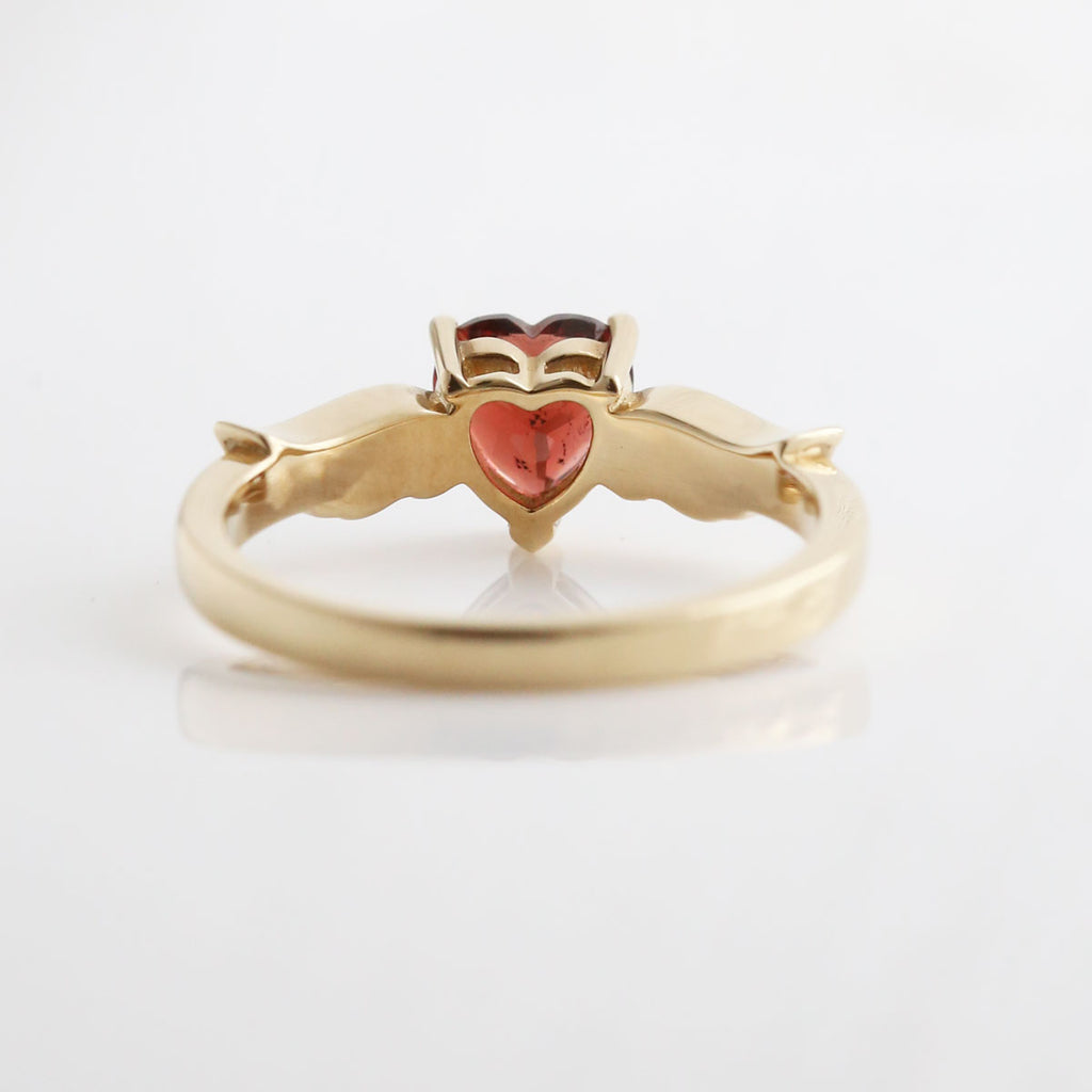 Blood Red Heart with Golden Angel Wings ring in 9 carat Yellow Gold